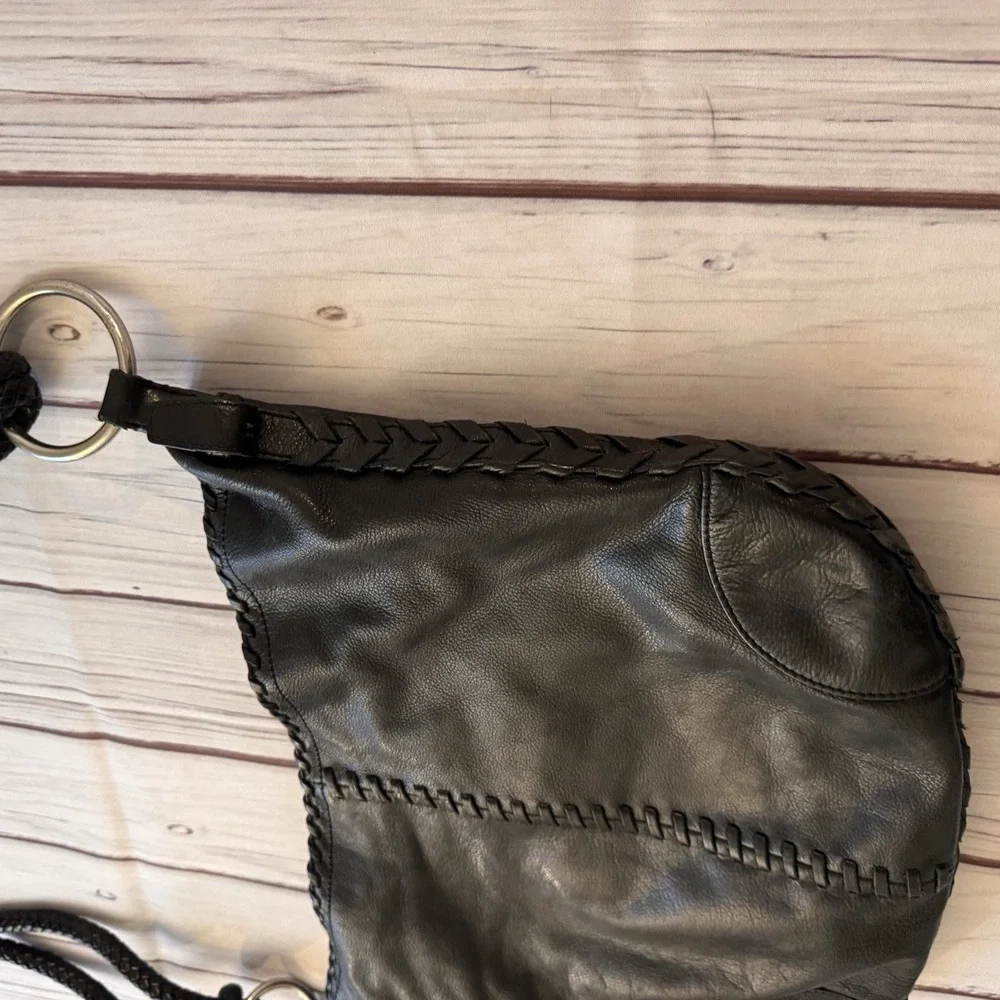 Ralph Lauren Black‎ Leather Braided Strap Hobo Shoulder Bag Whipstitch Rings